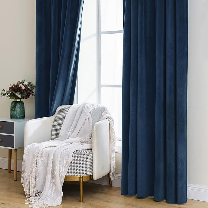 MIULEE Velvet Curtains 108 inches - Luxury Blackout Curtains for Bedroom Living Room Thermal Insulated Super Soft Window Drapes Rod Pocket & Back Tab, Navy Blue, W52 x L108 inches, 2 Panels