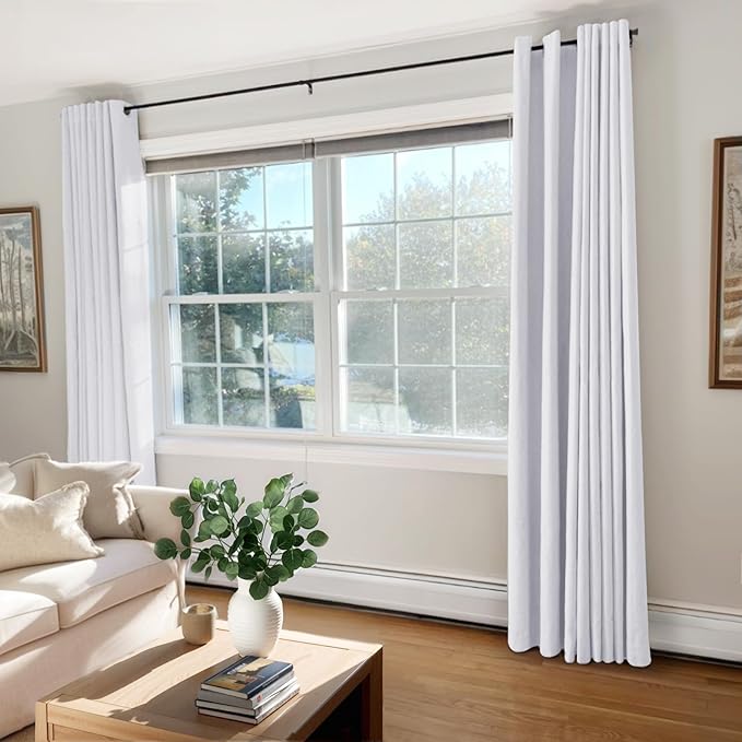 100% Blackout Shield Linen Blackout Curtains for Bedroom, Bright White Grommet Curtains for Living Room, Thermal Insulated Room Darkening Drapes for Nursery, Boho Home Decor, 50" W x 90" L, 2 Panels