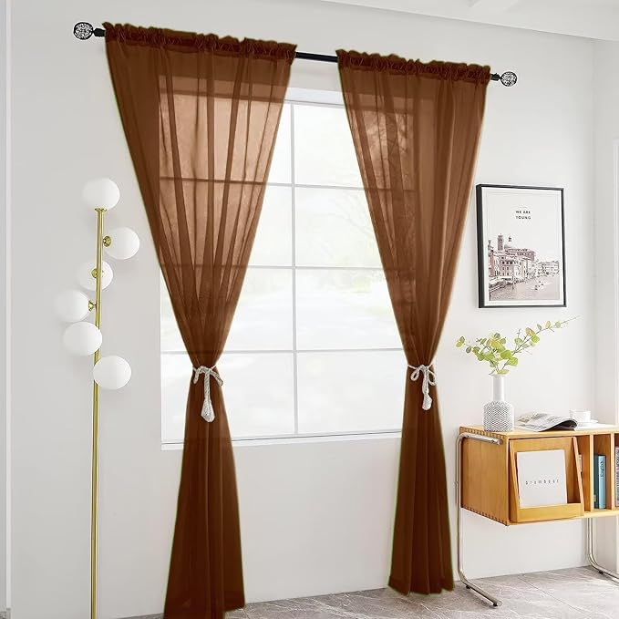 SpaceDresser Brown Sheer Curtains 4 Panels Rod Pocket Semi-Sheer Curtain 84 Inches Long Light Filtering Voile Window Drapes for Bedroom Living Room Kitchen, Each 52W x 84L