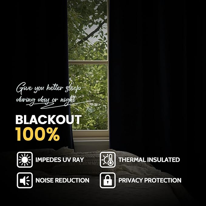 Yakamok 100% Blackout Curtain Panels 63 inches Cold and Light Blocking Drapes for Nursery, 2 Thick Layers Thermal Insulated Draperies (2 Pieces, 50 Wide Each Panel, Navy Blue/White Backing)