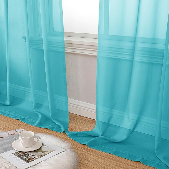 Aiyufeng Turquoise Sheer Curtains 90 Inches Long 2 Panels Set, Light Filtering Soft Airy Voile Rod Pocket Turquoise Sheer Window Drapes for Bedroom Living Room, Each 42Wx90L Inches