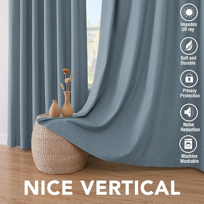 H.VERSAILTEX Linen Curtains 100% Blackout Curtains for Bedroom 102 inch Long Full Light Blocking Nature Linen Blended Window Curtains for Living Room Nickel Grommet (2 Panels, Stone Blue)