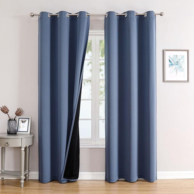 ChrisDowa 100% Blackout Curtains for Bedroom with Black Liner, 2 Thick Layers Total Blackout Thermal Insulated Grommet Window Curtains 2 Panels Set (Stone Blue, 42 x 84 Inch)