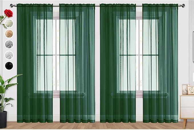 SpaceDresser Foliage Green Sheer Curtains 4 Panels Rod Pocket Semi-Sheer Curtain 90 Inches Long Light Filtering Voile Window Drapes for Bedroom Living Room Kitchen, Each 52W x 90L