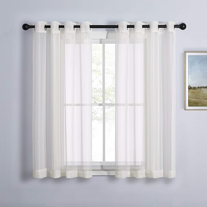 NICETOWN Voile Sheer Texture Beige Window Curtains 45 inch Length, Grommet Chic Elegant Sheer Curtain Drapes Light Filtering for Basement/Kitchen, W54 x L45, 1 Pair