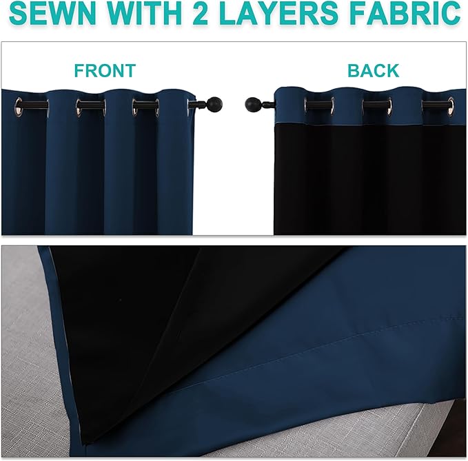 NICETOWN 100% Blackout Curtains with Black Liners, Thermal Insulated Full Blackout 2-Layer Lined Drapes, Noise Cancellation Window Draperies for Dining Room (Moroccan Blue, 2 Panels, 52" W by 54" L)