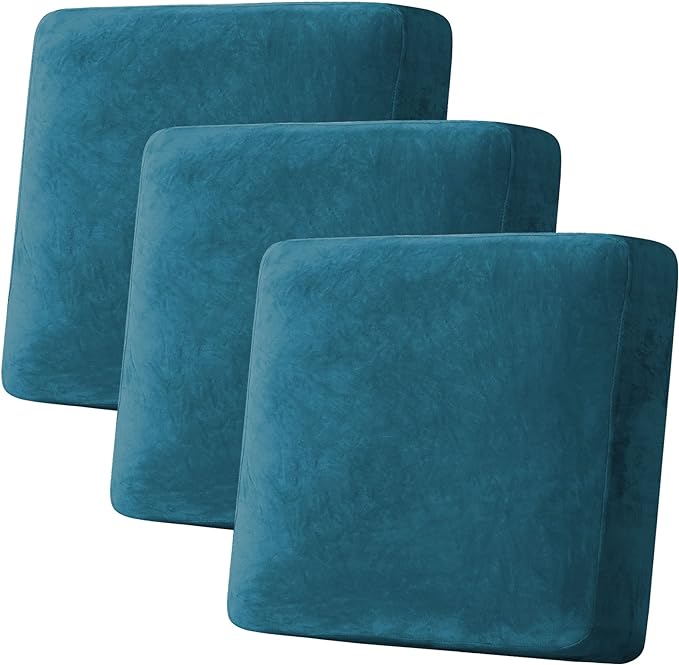 H.VERSAILTEX Velvet Stretch Couch Cushion Cover Plush Cushion Slipcover for Chair Loveseat Sofa Cushion Furniture Protector Seat Cushion Sofa Cover (3 Piece XL Sofa Cushion Covers, Deep Teal)