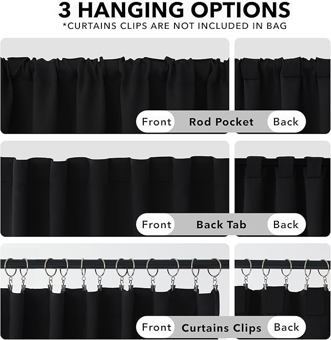 Deconovo Back Tab and Rod Pocket Blackout Curtains - (Black Color, 52x63 Inch, 2 Panles), Thermal Insulated Blackout Curtains for Bedroom
