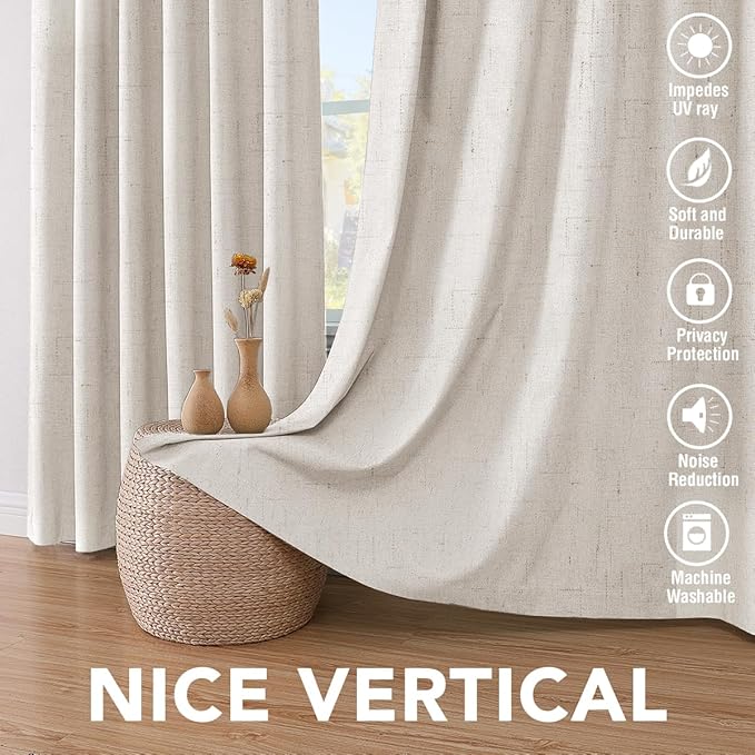 H.VERSAILTEX Primitive Linen Curtains 100% Blackout Curtain Drapes Burlap Fabric Curtains with White Thermal Insulated Liner, Grommet Top Drapes Living Room/Bedroom (2 Panels, 42 x 63 Inch, Ivory)