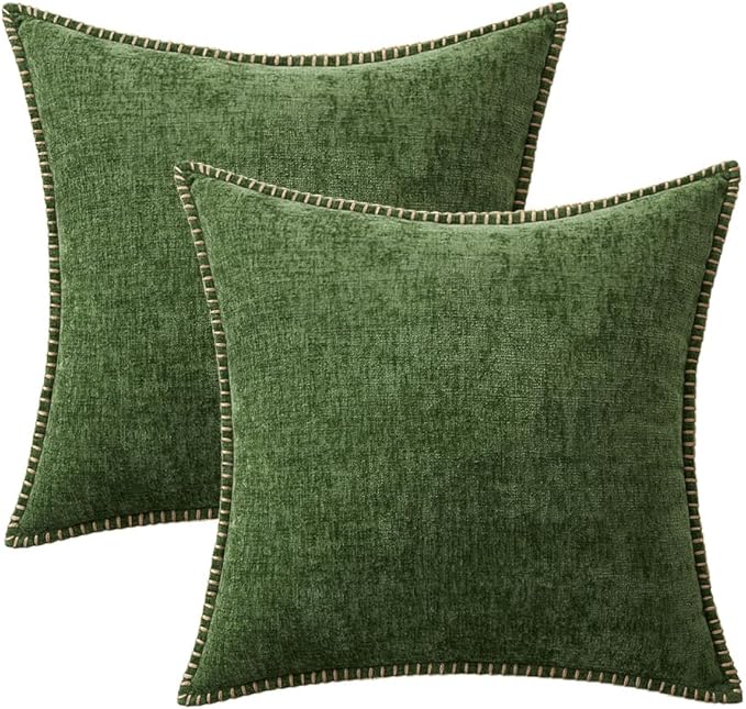 MIULEE Pack of 2 Pillow Covers 20x20 Inch Moss Green Farmhouse Decorative Throw Pillow Covers with Stitched Edge Soft Chenille Solid Dyed Couch Pillow Covers for Sofa Bed Living Room