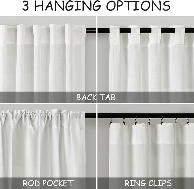 Nanspring Off White Cafe Curtains 45 Inch Length Set 2 Panel Back Tab Pocket Semi Sheer Short Linen White Curtain Tiers for Small Bathroom Window Basement Kitchen Doors 38x45