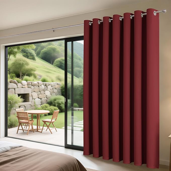Joydeco Blackout Patio Sliding Door Curtains 108 Inches Long, Grommet Privacy Room Divider Curtains, Extra Wide Thermal Blackout Drapes for Bedroom Living Room (Burgundy Red, 70Wx108L, 1 Panel)
