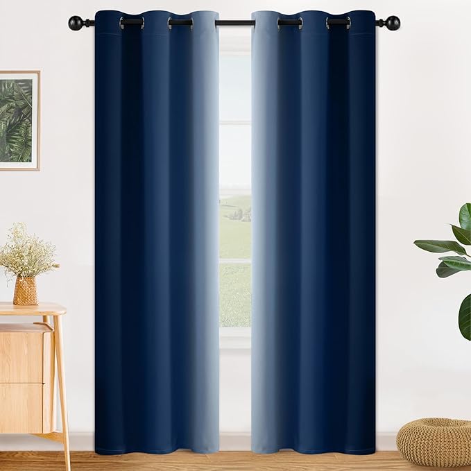SimpleHome Ombre Room Darkening Curtains for Bedroom, Gradient Blue to Grey White Light Blocking Thermal Insulated Grommet Window Curtain/Drapes for Living Room,2 Panels, 42x84 inches Length