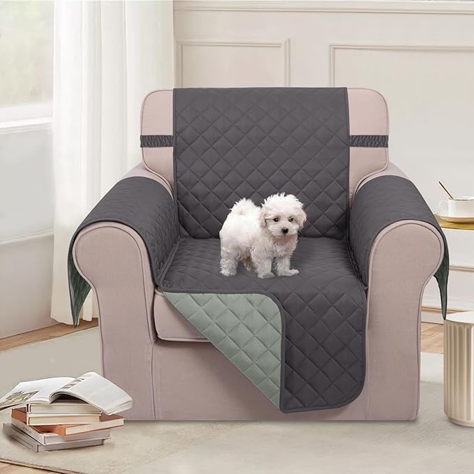 U-NICE HOME Recliner Chair Covers Reversible Chair Cover Pet Covers for Dogs with Elastic Straps Water Resistant Diamond Quilted (23''Armchair, Dark Grey/Light Grey)