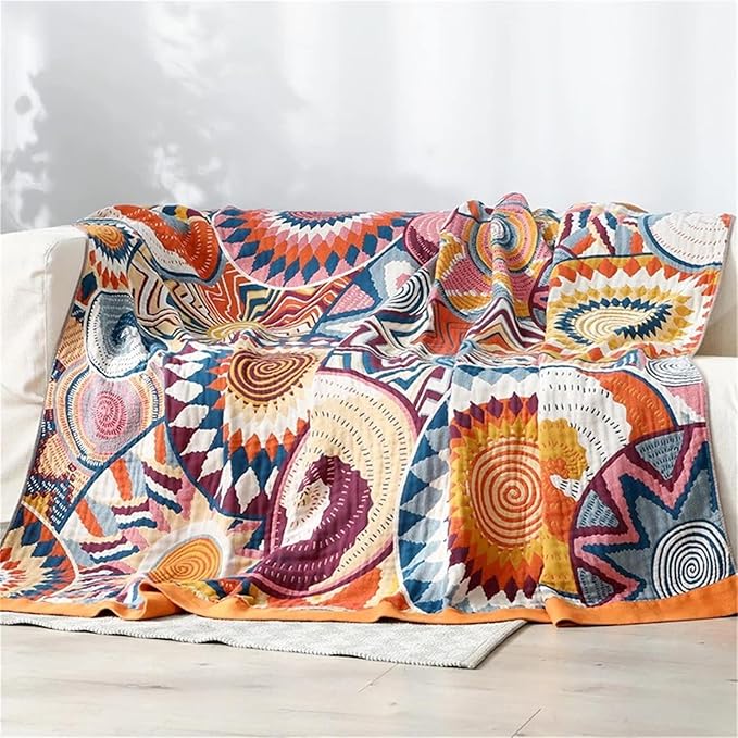 MSGKV Boho Throw Blanket for Couch 50"x60" 100% Cotton Sofa Blanket Spring Breathable Lightweight Blanket Home Decor Muslin All Seasons