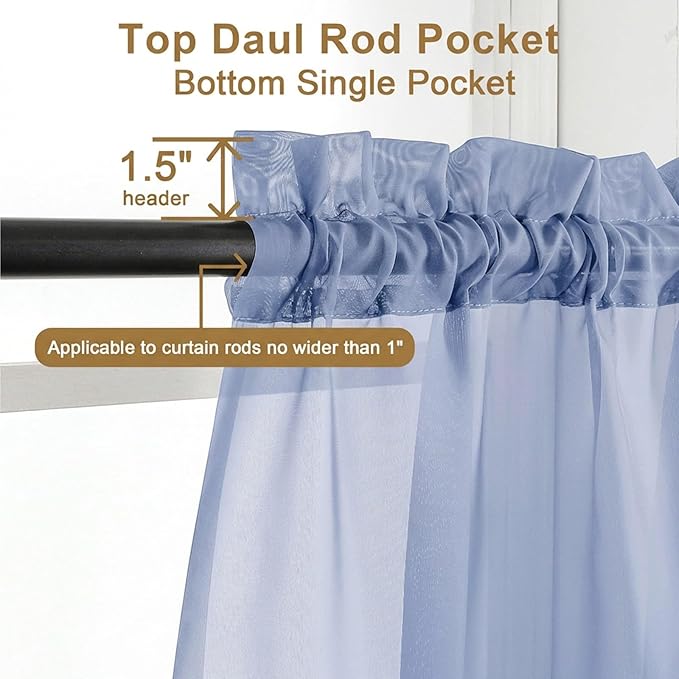 Chyhomenyc Sheer Curtains 54 Inch Long 2 Panels Set - Light Filtering Short Soft Airy Short Cafe Curtains, Modern Rod Pocket for Dinning Living Room Bedroom, 42Wx54L Inch, Denim Blue