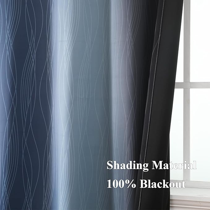 Estelar Textiler Navy Blue and Black Ombre Blackout Curtains 90 Inches Long 2 Panels for Living Room, Thermal Insulated Drapes for Bedroom,Full Room Darkening Grommet Curtains for Sliding Door,52Wx90L