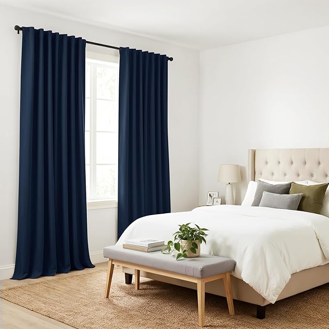 PONY DANCE Blue Black Out Curtains 84 inches - Thermal Insulated Privacy Rod Pocket Curtain Drapes for Kitchen Home Decoration, 52 W x 84 L, Navy Blue, 2 Pieces