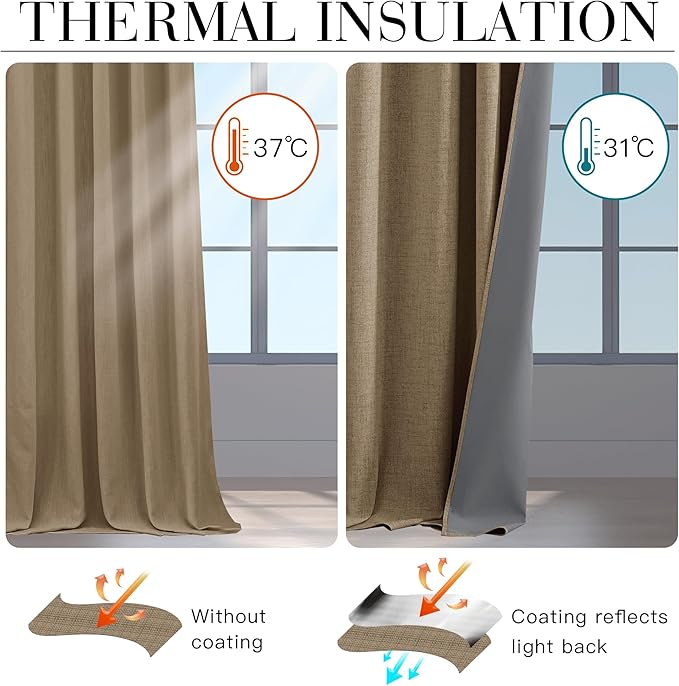 RYB HOME Burlap 100% Blackout Short Curtains 52 Width 45 inch Length, Light Blocking & Thermal Insulated Curtains for Kitchen/Small Window/Bathroom/Basement, 2 Panels