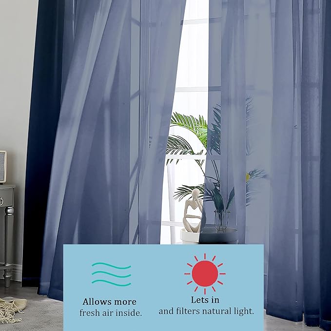 OWENIE Sheer Curtains - Navy 45" Long, Light Filtering Tiers for Kitchen, Bedroom, Basement, Short Curtains Panels Rod Pocket, Cafe Curtains for Small Window, 42" W x 45" L