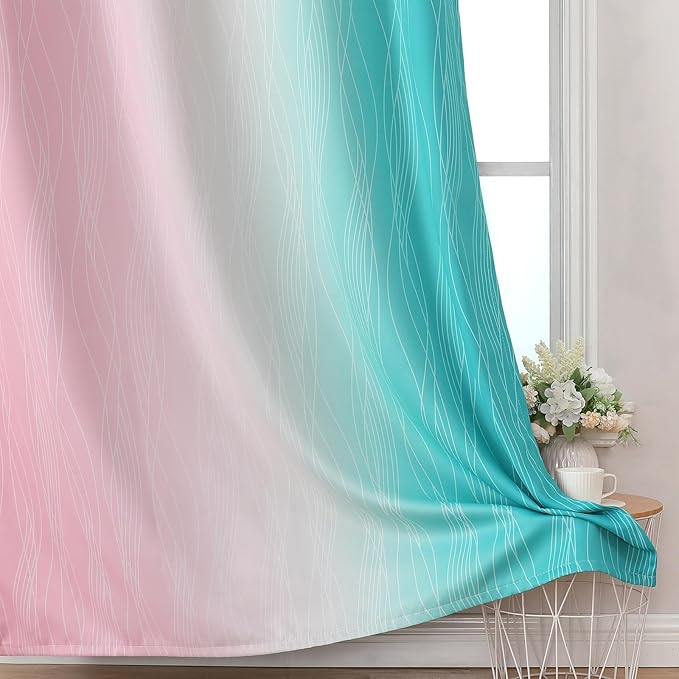 Estelar Textiler Pink and Teal Ombre Blackout Curtains 90 Inches Long 2 Panels Set, Thermal Insulated Drapes for Bedroom, Full Light Blocking Grommet Gradient Curtains for Living Room, 52Wx90L