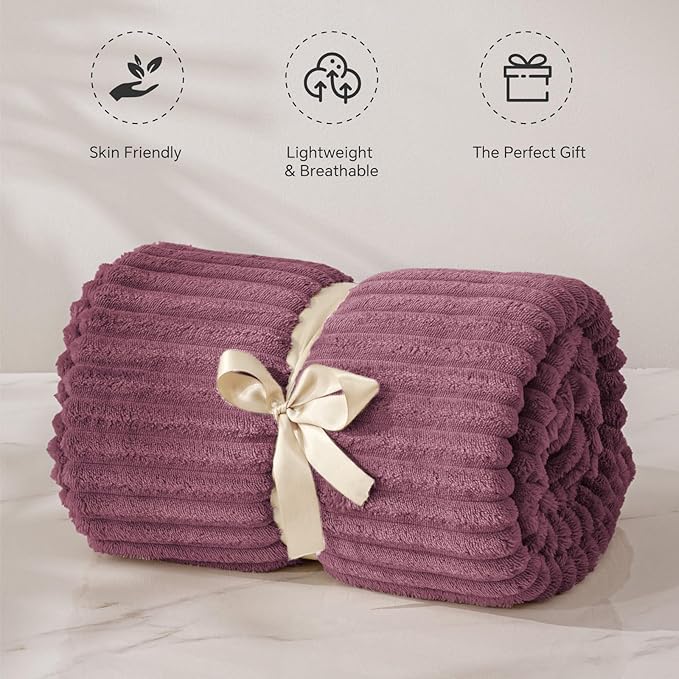 BEDELITE Fleece Throw Blanket for Couch – 3D Ribbed Jacquard Soft and Warm Decorative Fuzzy Blanket – Cozy, Fluffy, Plush Lightweight Plum Throw Blankets for Bed, Sofa, 50x60 inches