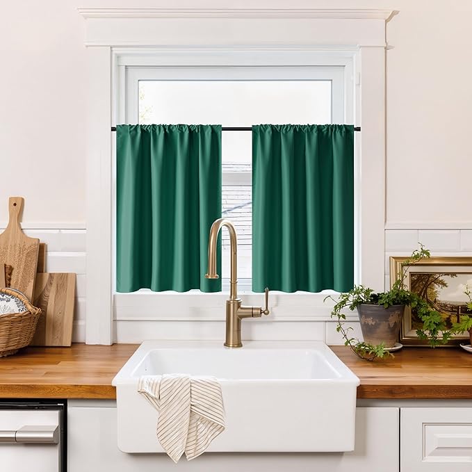 RYB HOME 100% Blackout Bathroom Curtains Over Sink 30 inches Long, Heat & UV Blocking Total Room Darkening Noise Reducing Curtains for Basement RV Campers, Dark Green, 2 Panels Set