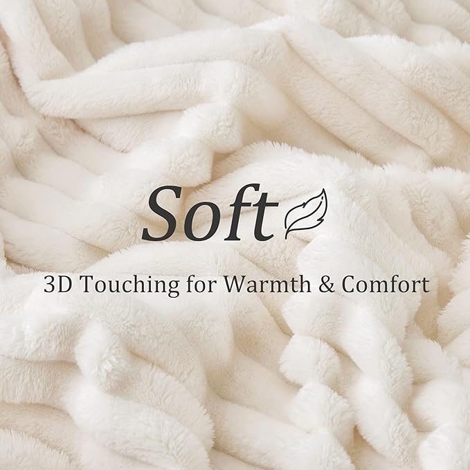 BEDELITE Fleece Throw Blanket for Couch - 300GSM Soft & Warm Fluffy Cream Blanket, Decorative and Giftable Striped Blankets for Women, Men, 50"x70"