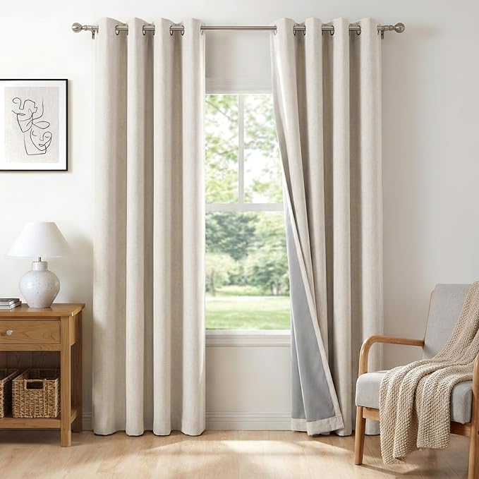 100% Blackout Shield Linen Blackout Curtains for Bedroom, Beige Grommet Curtains for Living Room, Thermal Insulated Room Darkening Drapes for Nursery, Boho Home Decor, 50" W x 96" L, 2 Panels