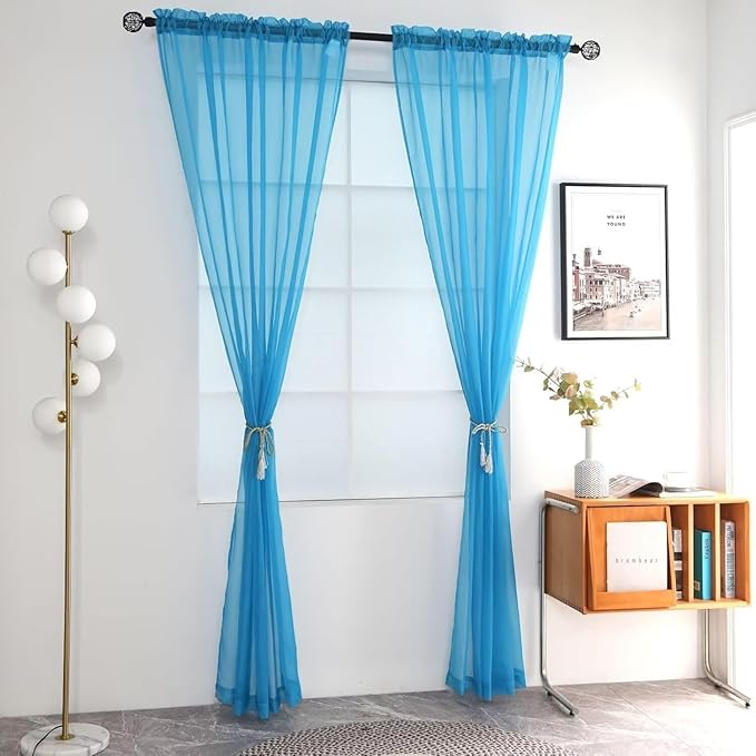 SpaceDresser Basic Rod Pocket Sheer Voile Window Curtain Panels Cyan Blue 1 Pair 2 Panels 52 Width 36 Inch Long for Kitchen Bedroom Children Living Room Yard（Cyan Blue, 52W x 36L）