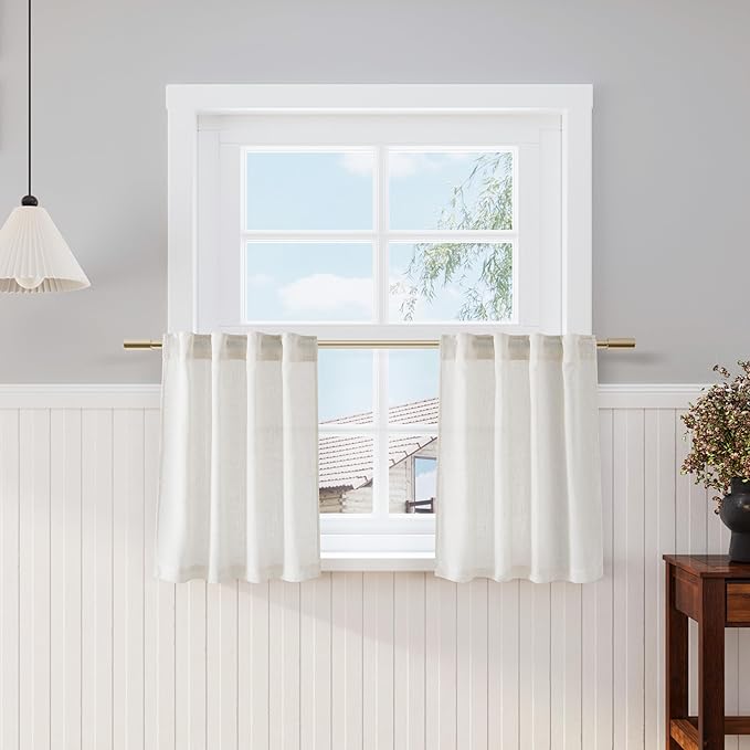 Nanspring Cream Small Linen Textured Curtains 24 Inch Length Light Filtering Semi Sheer Short Curtains Back Tab Rod Pocket Boho Kitchen Tier Window Curtain for Bathroom Basement Camper 26x24 Inches