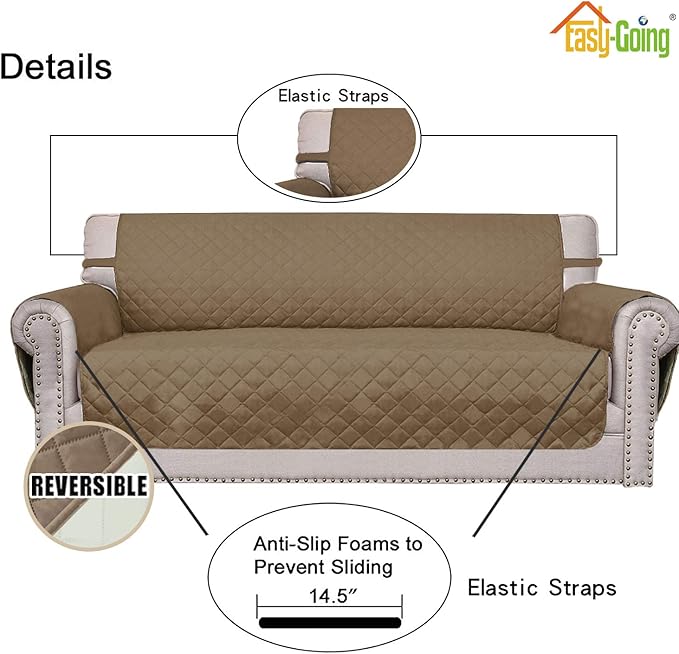 Easy-Going Reversible Couch Cover for 3 Cushion Couch Sofa Cover for Dogs Water Resistant Furniture Protector Cover with Foam Sticks Elastic Straps for Pet Cat (Sofa, Camel/Ivory)