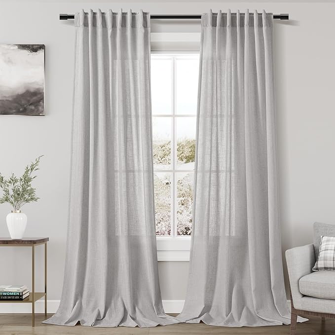 Grey Linen Curtains 102 Inches Long 2 Panels Set for Living Room Extra Long Back Tab Curtains Neutral Farmhouse Light Filtering Semi Sheer Linen Drapes Ceiling to Floor for Large Window