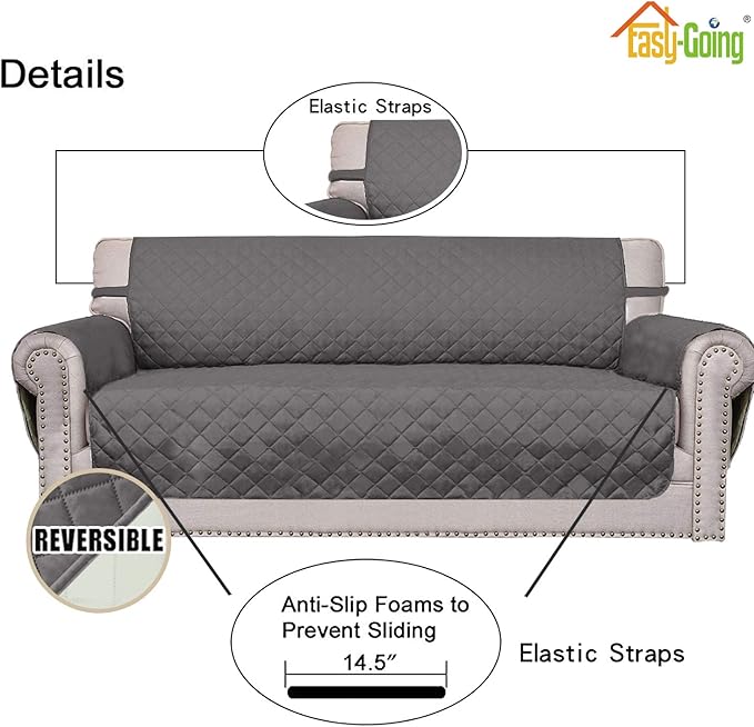 Easy-Going Reversible Oversized Couch Cover for 3 Cushion Couch Sofa Cover for Dogs Water Resistant Furniture Protector Cover with Foam Sticks for Pet (Oversized Sofa, Gray/Ivory)