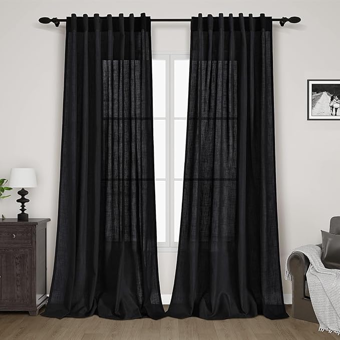 Balck Sheer Linen Curtains 94 inch Length for Bedroom Back Tab Rod Pocket Modern Farmhouse Muslin Look Cotton Textured Black Window Curtains 94 inches Long for Dining Room Living Office 2 Panels