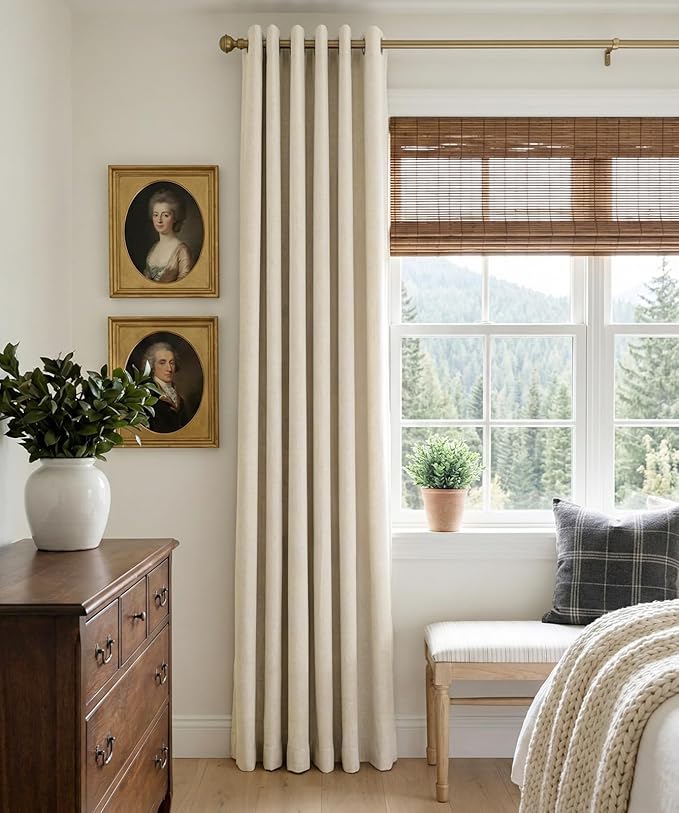 100% Blackout Shield Linen Blackout Curtains for Bedroom, Butter Cream Grommet Curtains for Living Room, Thermal Insulated Room Darkening Drapes for Nursery, Boho Home Decor, 50" W x 96" L, 2 Panels