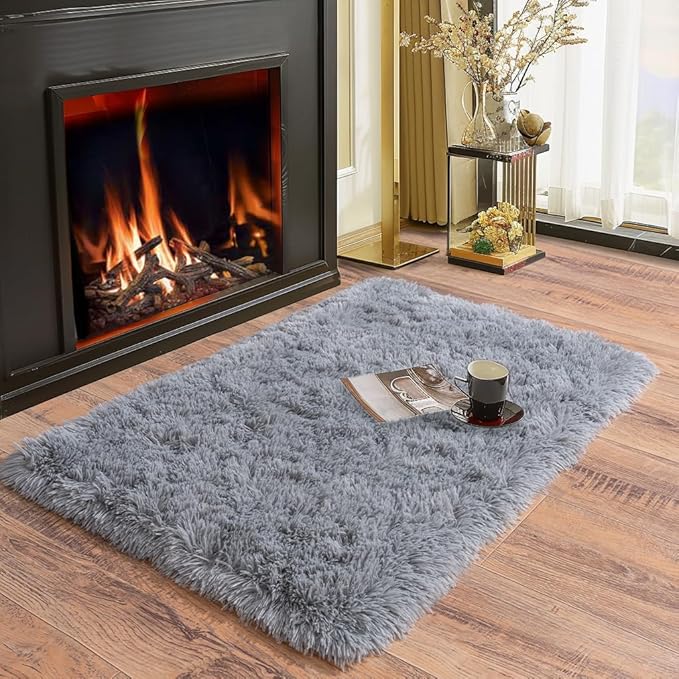 Soft Runner Rugs for Bedroom Hallways, 2x3 Grey Fluffy Shag Throw Area Rug Non Slip for Bedside Dorm, Long Shaggy Furry Carpet for Nursery Living Room