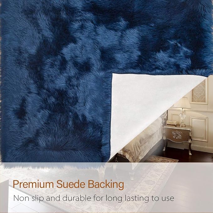 LOCHAS Soft Fluffy Faux Fur Rugs for Bedroom Bedside Rug 2x4 Feet, Washable, Furry Sheepskin Area Rug for Living Room Girls Room, Luxury Shag Carpet Home Decor, Light Navy