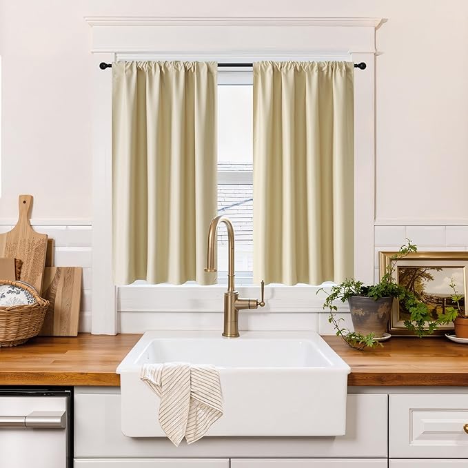 RYB HOME 100% Blackout Short Curtains for Small Window, Thermal Insulated Total Room Darkening Noise Reducing Curtains for Kitchen Bathroom Basement, 42 inches Wide by 48 inches Long, Biscotti Beige