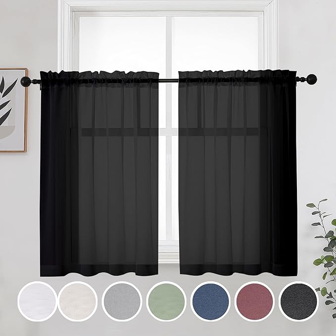 OWENIE Short Sheer Curtains 30 Inches 2 Panels Set, Kitchen Tiers Light Filtering Rod Pocket Cafe Curtains for Bathroom Small Half Window, 42 in W x 30 in L, Black