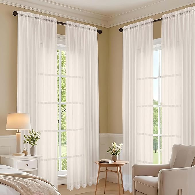 OVZME Sheer Cream Curtains 108 Inches Long 2 Panels Set, 59 Inch Extra Wide Lightweight Airy Cream Sheer Curtain for Living Room Bedroom, Filmy Voile Rod Pocket, 59Wx108L Inches