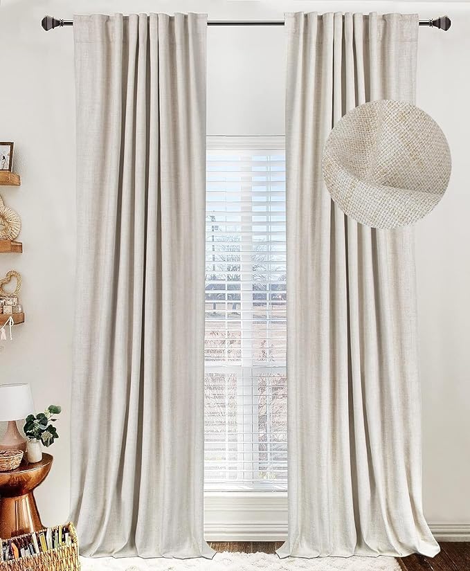 100% Blackout Shield Linen Blackout Curtains for Bedroom 96 Inches Long, Back Tab/Rod Pocket Living Room Drapes, Thermal Insulated Blackout Curtains 2 Panels Set, 50" W x 96" L,Cream