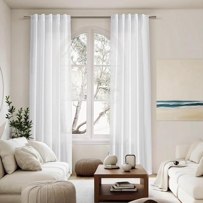 Nanspring 48 Inch Linen Curtains, White Light Filtering Curtain Back Tab and Rod Pocket Neutral Modern Farmhouse Coastal Decor Curtains for Living Room Bedroom 34 x 48 Inch, 2 Panels