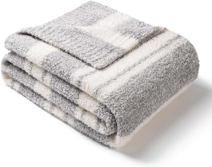 Snuggle Sac Queen Size Bedding Blankets, Super Soft Warm Blankets Cozy Knit Fuzzy Oversized Blankets for Bed, Stripe Grey, 90"x90"