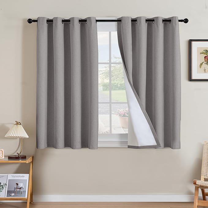 H.VERSAILTEX Linen Curtains 100% Blackout Curtains for Bedroom 45 inch Long Full Light Blocking Nature Linen Blended Window Curtains for Living Room Nickel Grommet (2 Panels, Heathered Dove)