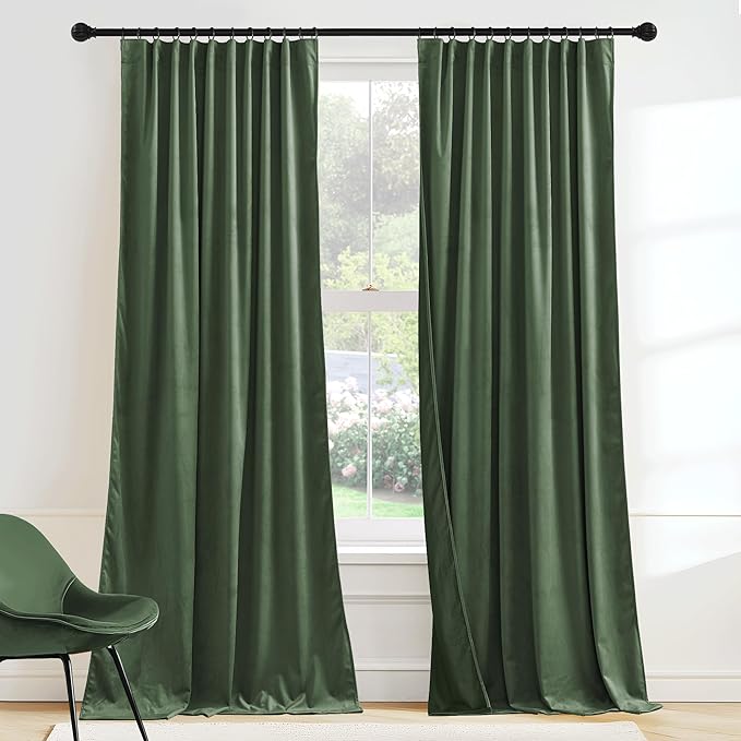 RYB HOME Elegant Green Velvet Curtains 84 inches Long, Light Blocking, Thermal Insulated, Stylish Velvet Drapes with Hook Belt for Cozy Home Aesthetics, 52" W x L90 L, 2 Panels Set