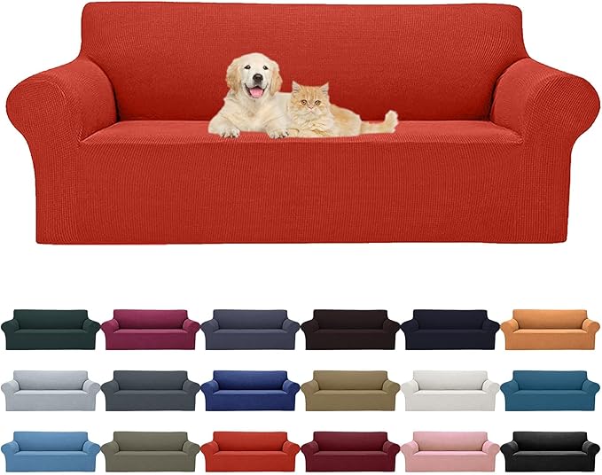 Cupuamon 2026 New Stretch Sofa Slipcovers Couch Cover for 3 Cushion Furniture Protector Sofa Covers with Elastic Bottom Jacquard Fabric Small Checks for Pets, Kids -Sofa, Pureed Pumpkin