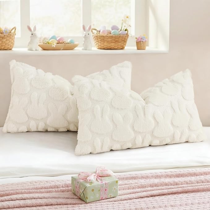 decorUhome Easter Bunny Pillow Covers 12x20 Inch Set of 2, Soft Plush Faux Wool Jacquard Cream White Rabbit Cushion Covers, Farmhouse Neutral Spring Easter Holiday Decor for Couch Sofa Bed