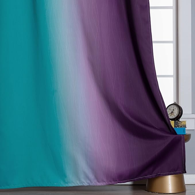 Teal Blackout Curtains 84 Inches Long, Ombre Purple Blackout Curtains for Bedroom, Grommet Thermal Insulated Gradient Drapes, Full Light Blocking Curtains for Kids Room,52x84 Inch, 2 Panels