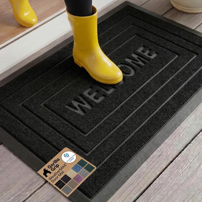 GORILLA GRIP 100% Waterproof All-Season WeatherMAX Doormat 35x23, US Designed Natural Rubber, Stain and Fade Resistant, Low Profile Indoor Outdoor Door Mats, Easy Clean Patio Mat, Black Welcome